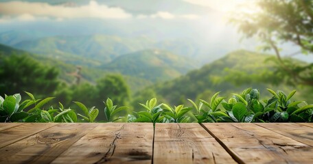 Obraz premium Wooden Table Overlooking Majestic Mountain Range