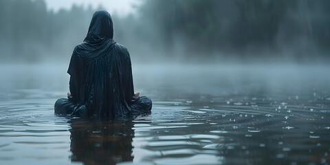 Tranquil Grey Figure Near Quiet Pond Amidst Storm