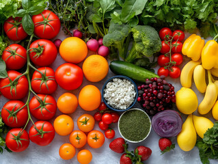 Top view of fruits and vegetables arranged neatly on a table