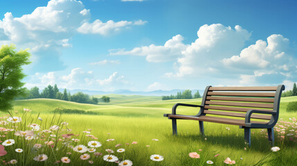 Fototapeta premium Beautiful spring summer natural landscape. Wooden bench on green meadow grass background with blooming flowers, trees, hills, blue sky and clouds on warm sunny day. Colorful bright nature wallpaper.