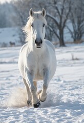 Obraz na płótnie Canvas Snowy Stroll: White Horse Sauntering in a Wintry Wonderland