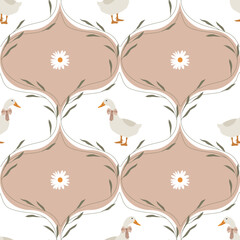 Geese in bows and daisies flowers seamless vector pattern. Vintage background. Retro design for textile, wallpaper, wrapping.
