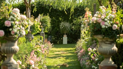Fototapeta na wymiar Transport yourself to a bygone era with our stunning English garden podiums where the wellmanicured hedges and flourishing flowers . .