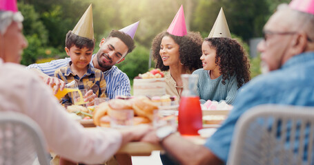 Children, parents and happy with hat at birthday party for celebration, laughing or memories in...