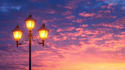 A street lamp post stands tall, its lights casting a warm glow against the vibrant hues of the evening sky, creating a captivating scene. - obrazy, fototapety, plakaty