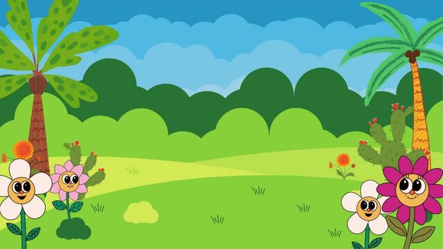 Video animated fields and mountain landscape with funny flower character and clouds in the sky for cartoon landscape, flat animation background