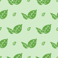 seamless pattern with Polka dot leaves and small leaves on green background