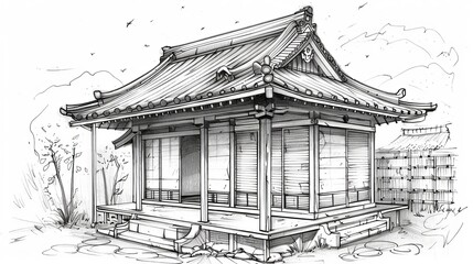 A detailed sketch of a traditional Japanese tea house  AI generated illustration