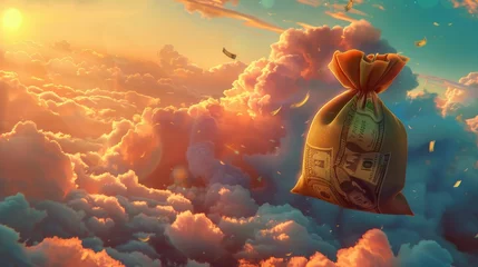 Zelfklevend Fotobehang A digital artwork of a money bag floating in a dreamy sky  AI generated illustration © ArtStage