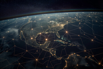 From space, Earth is depicted with a network of digital lines connecting major cities and ports, showcasing the efficiency and agility of interconnected supply chains. - obrazy, fototapety, plakaty