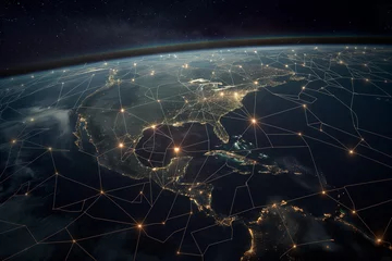 Foto op Plexiglas From space, Earth is depicted with a network of digital lines connecting major cities and ports, showcasing the efficiency and agility of interconnected supply chains. © Maksym