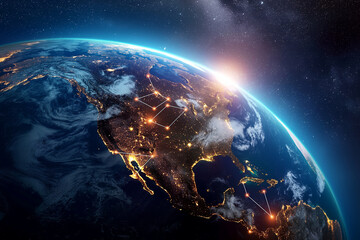 A stylized depiction of the planet Earth with glowing pathways crisscrossing continents, symbolizing the interconnectedness and collaboration facilitated by modern logistics techno - obrazy, fototapety, plakaty