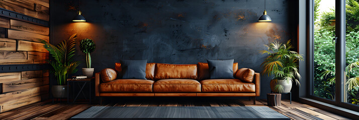 Mockup wall in dark living room interior backgrownd,
There is a brown leather couch in a living room with a coffee table