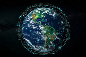 The planet Earth enveloped in a web of interconnected lines, embodying the principles of collaboration and transparency in international trade and transportation. - obrazy, fototapety, plakaty
