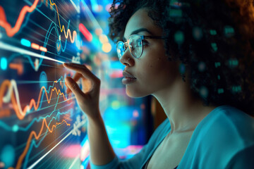 The woman stands confidently at the interactive board, her finger tracing a line on a complex graph depicting market trends, while her colleagues watch attentively.