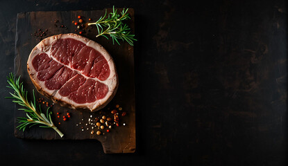 Meat steak. Beef steak dry aged with spices on black background. Top view.Place for text, empty space.