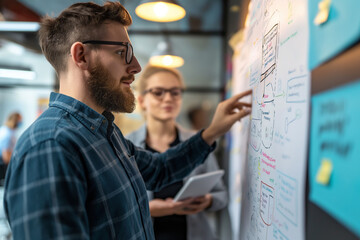 The man stands confidently beside a digital flowchart, mapping out operational efficiencies, as his colleagues eagerly absorb his strategic analysis.