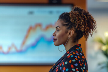 Against a backdrop of sleek office decor, the woman discusses a line graph depicting sales projections, her audience engrossed in the upward trajectory. - obrazy, fototapety, plakaty