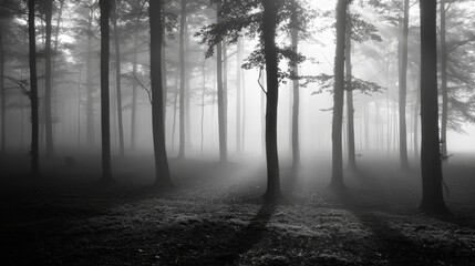 A foggy forest with shadows lurking in the trees  AI generated illustration