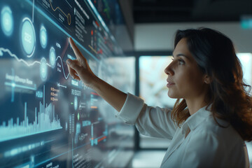 Positioned at a high-tech board, the woman points to a dynamic bubble chart illustrating market segmentation, sparking discussions among her attentive peers. - obrazy, fototapety, plakaty