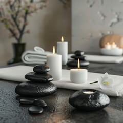 3d rendered photo of Massage table setting with white candles and black stones