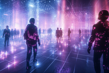 In a futuristic setting, stylized characters are linked by glowing pathways, visualizing the seamless integration of individuals in a global network.