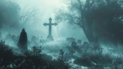 A ghostly figure floating through a misty graveyard  AI generated illustration - obrazy, fototapety, plakaty