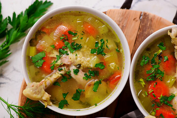 Polish Chicken soup with vegetables and barley .top veiw .style hugge - 787512999