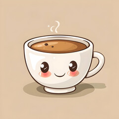 icon of cute white coffee mug in kawaii style on brown background