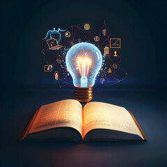 banner for training courses with place for text, glowing light bulb with neon icons on blue background with open book 