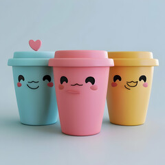 icon of cute pink,blue,yellow plastic coffee mug in kawaii style on blue background