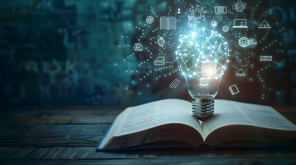banner for training courses with place for text, glowing light bulb with neon icons on blue background with open book with copy space