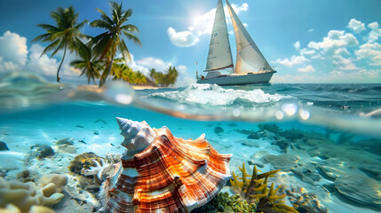 a white sailboat floats in blue transparent water through which shells are visible in the background of palm trees and the blue sky