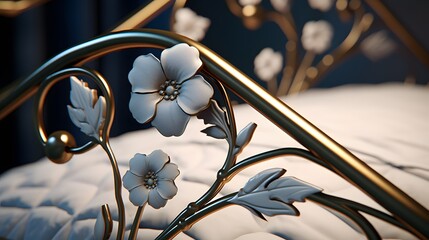 Close-up of a floral-inspired iron bed frame, rendered with realistic precision in stunning