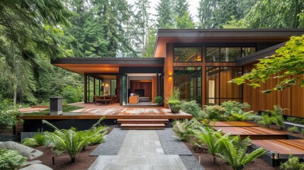 A luxury wooden cabin with spruce-lined landscaping and modern design  AI generated illustration