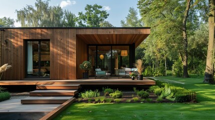 A luxury wooden cabin with spruce-lined landscaping and modern design  AI generated illustration - obrazy, fototapety, plakaty