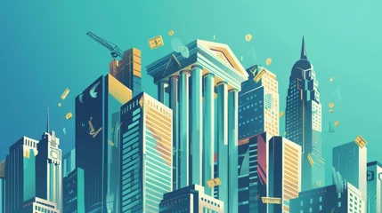 Fotobehang Koraalgroen A memphis-style cityscape with finance-themed elements  AI generated illustration