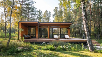 A luxury wooden cottage with a spruce-lined facade and sleek design  AI generated illustration