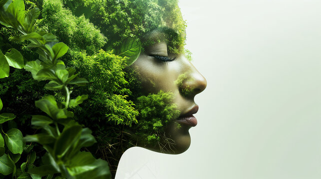 
A portrait of a girl made up of green plants, symbolizing the unity of humans and nature. An ecological concept.