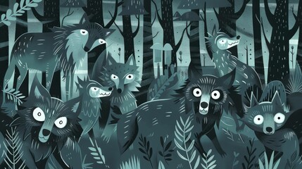 Pattern of wolves in a threatening forest with quirky cartoon characters in the background