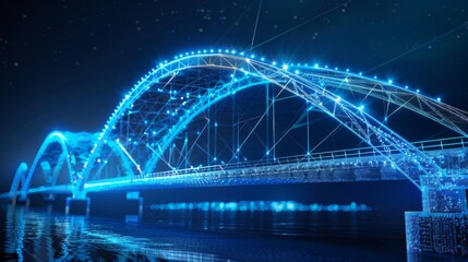 Vibrant Blue Lighted Bridge at Night