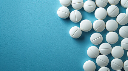 White round pills on a blue background.  Pills on a blue surface with space for text.  Medical drugs, supplements