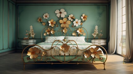 Modern bedroom adorned with a flower-patterned iron bed, portrayed in exquisite HD detail.