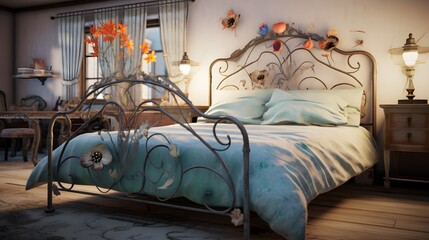 Modern bedroom adorned with a flower-patterned iron bed, portrayed in exquisite HD detail.