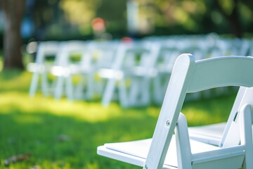 White chairs on green grass background, program chairs on outdoor, white chairs for program outdoor, meeting chair, chair for meeting outdoor, chair closeup