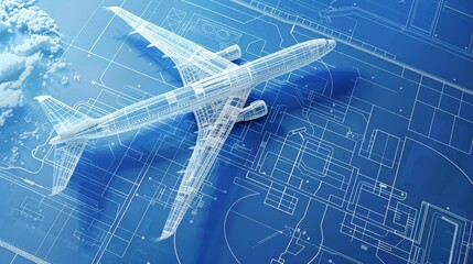 on blue paper technical diagram of airliner, 
