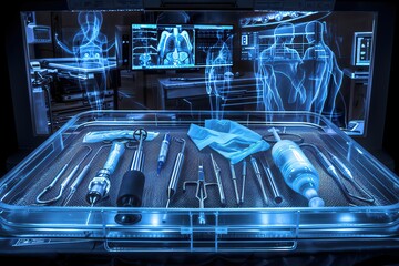 Surgical instruments lay sterile and ready on a tray, their precision vital for lifesaving procedures in a surgical closeup - obrazy, fototapety, plakaty
