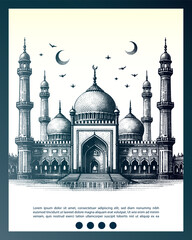 Islamic tradition sketches in vintage engraving style poster, Vector illustration Eid Mubarak design
