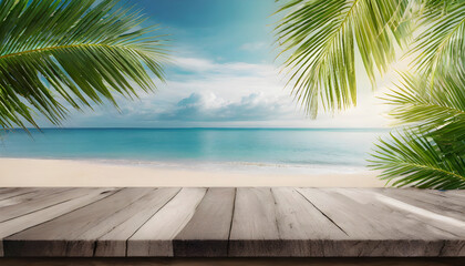 Island Dreams. Wood Tabletop Oasis with Seascape Backdrop.