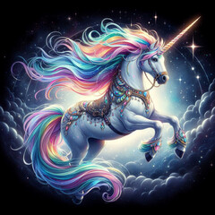 Majestic Unicorn with Rainbow Mane and Tail Rearing Up on Clear Sky Background